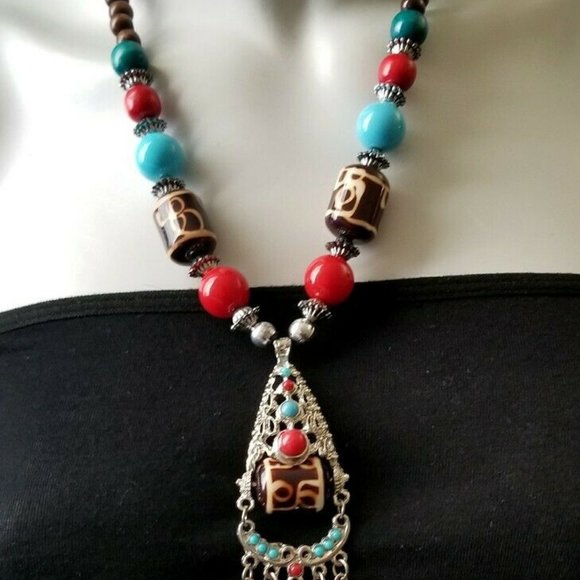 BOHO CHIC STATEMENT NECKLACE WOOD LUCITE EYE BEADS - Picture 5 of 5